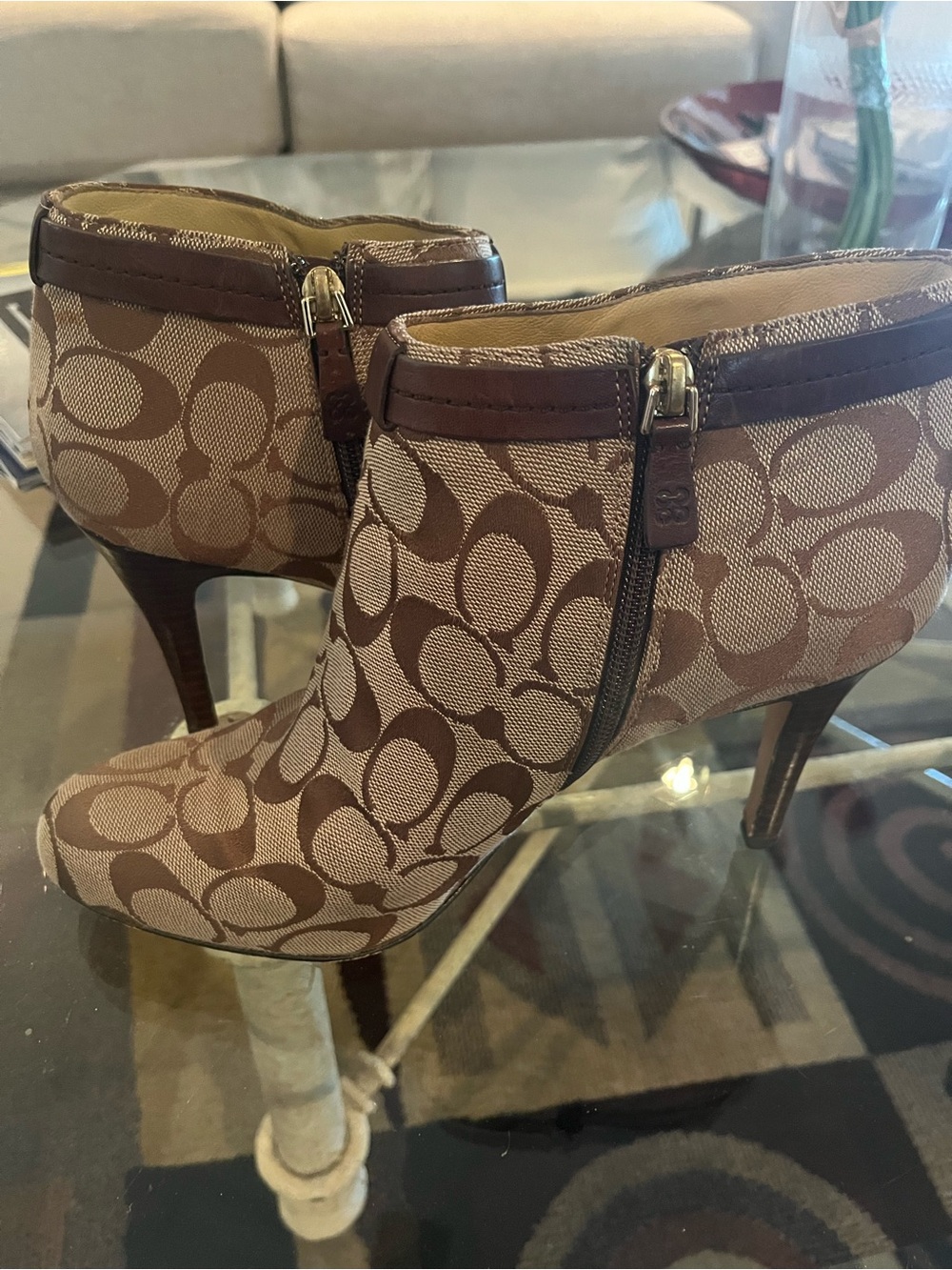 Coach Brown Signature Logo Ankle Booties with Gold Accent